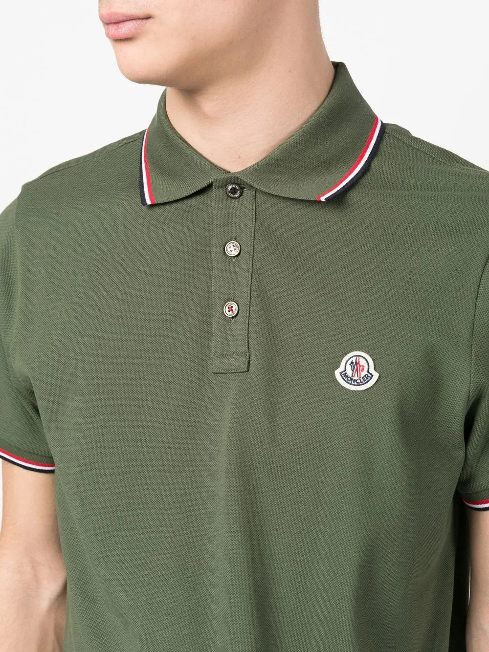 Moncler Forest Green Polo Shirt with Signature Tricolor Detail