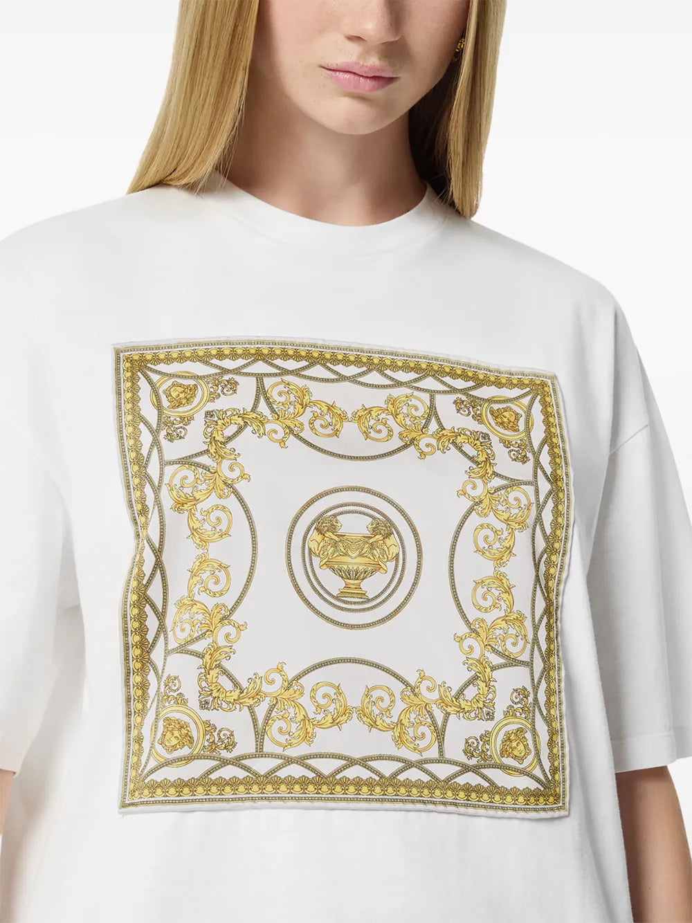 Baroque Print Oversized T-Shirt – White & Gold