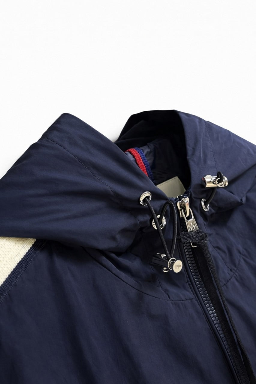Hooded Nylon Jacket with Signature Stripe – Navy