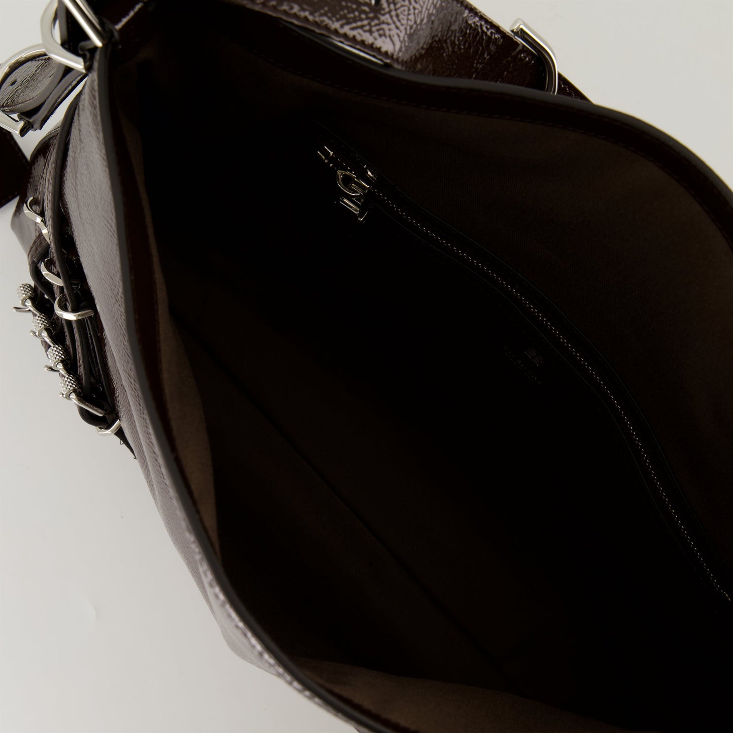 Brown Patent Leather Slouchy Shoulder Bag with Harness Detail