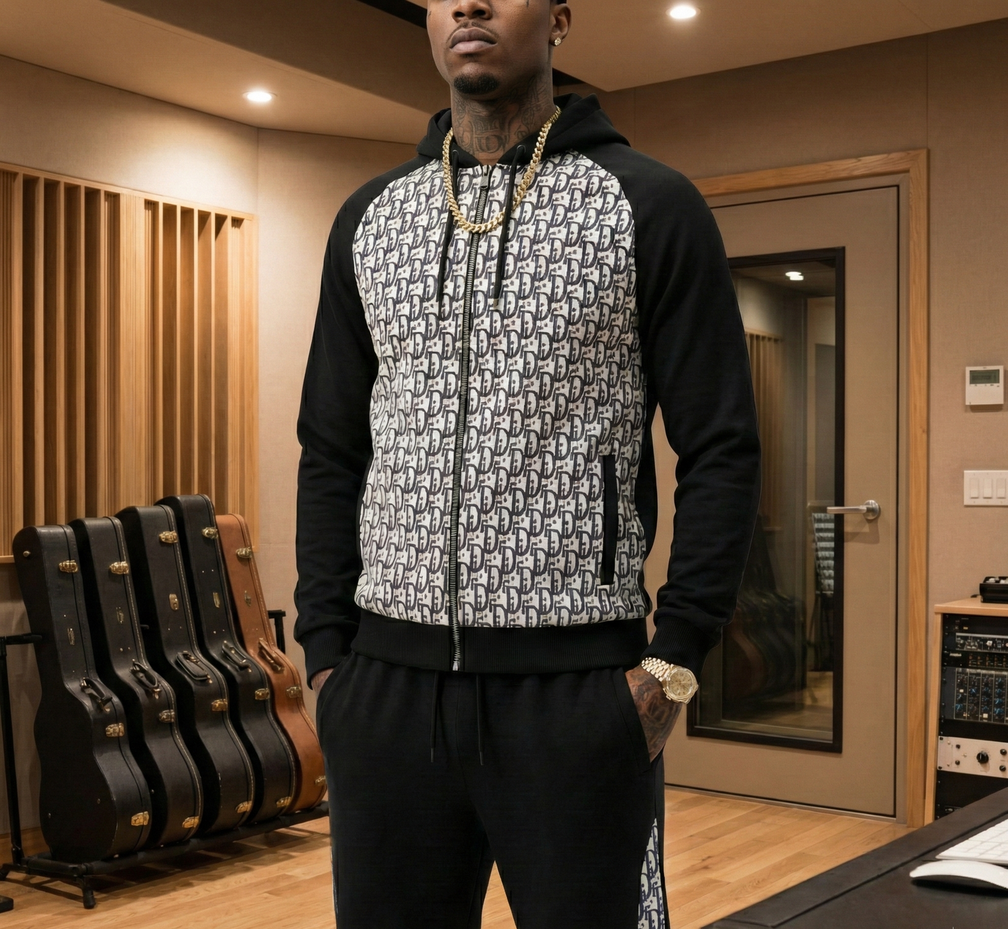 Oblique Hooded Tracksuit in Black with Grey Jacquard Panels