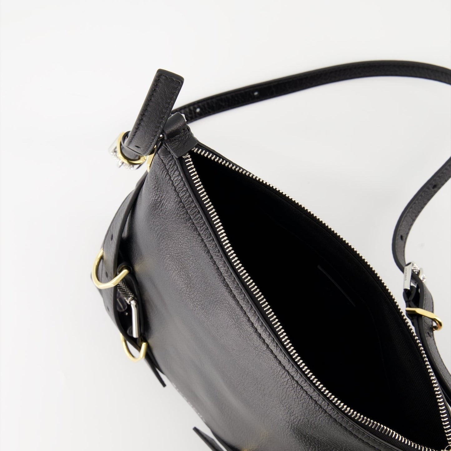 Black Leather Shoulder Bag with Strap Detail