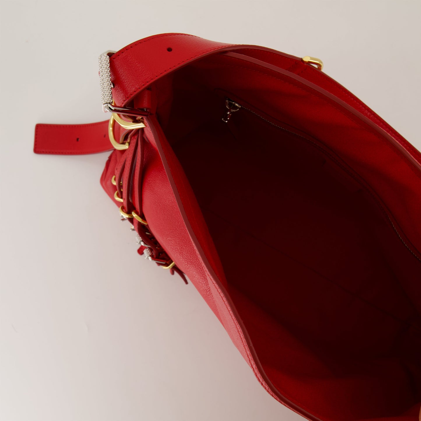 Red Leather Slouchy Shoulder Bag with Harness Detail