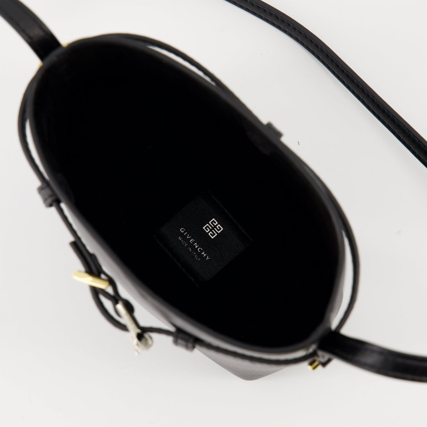 Black Leather Mini Bucket Bag with Belt Detail