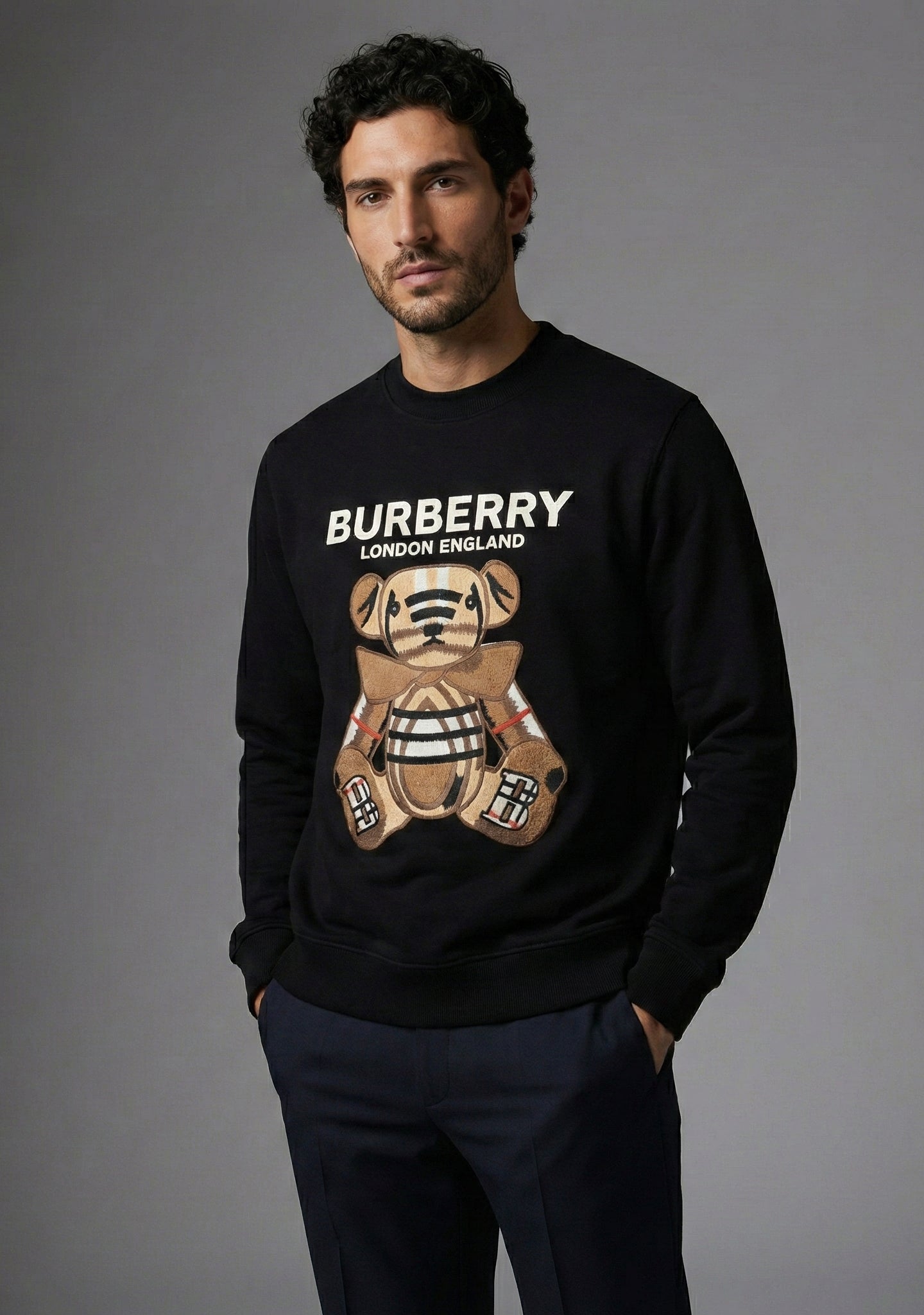 Thomas Bear Checked Applique Sweatshirt | Black