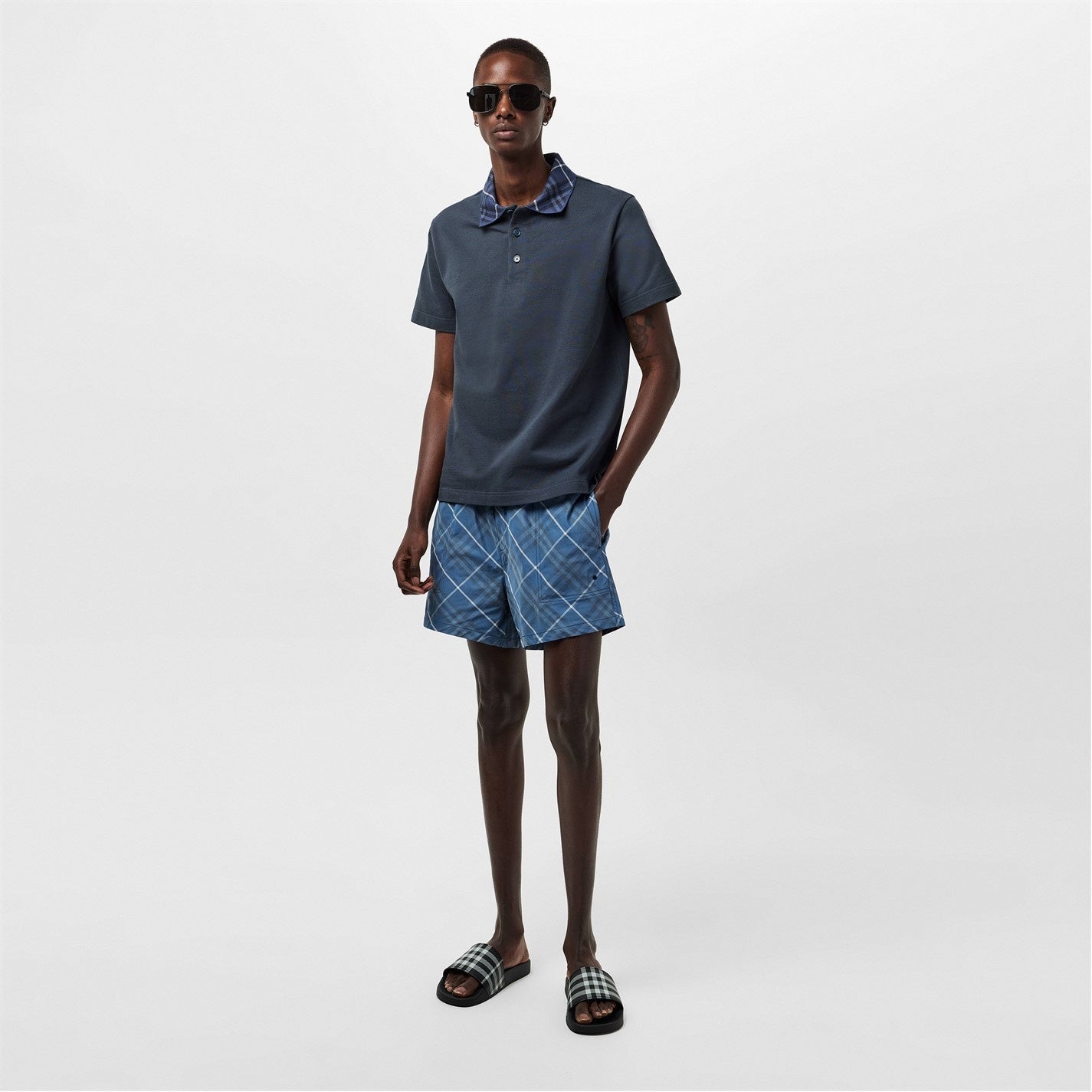 Check Collar Cotton Polo Shirt – Navy