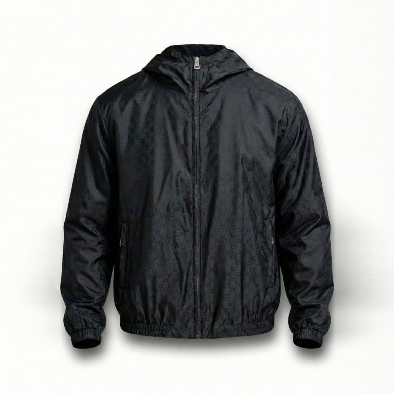 GG Jacquard Hooded Windbreaker Jacket – Black