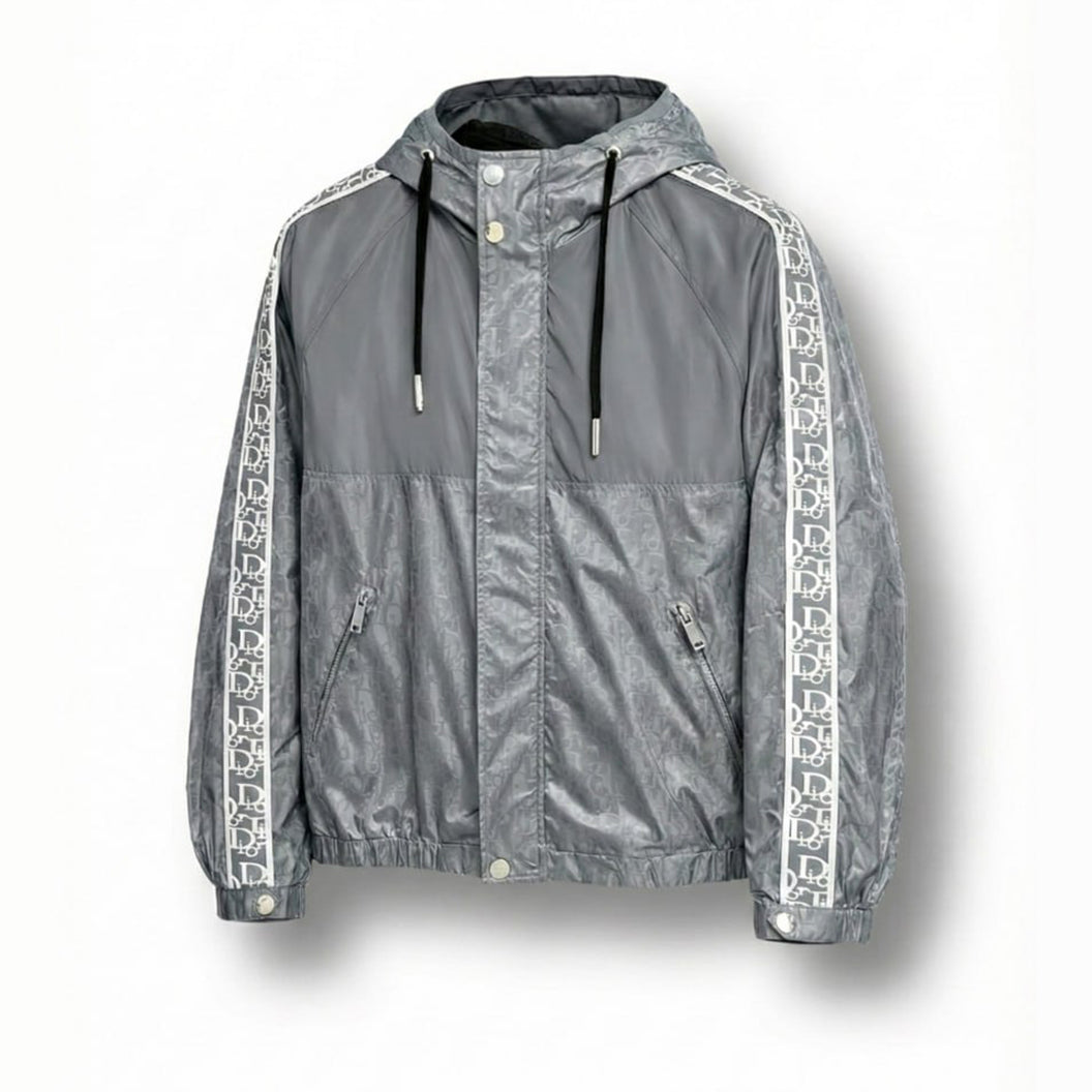 Oblique Grey Hooded Windbreaker with Signature Tape