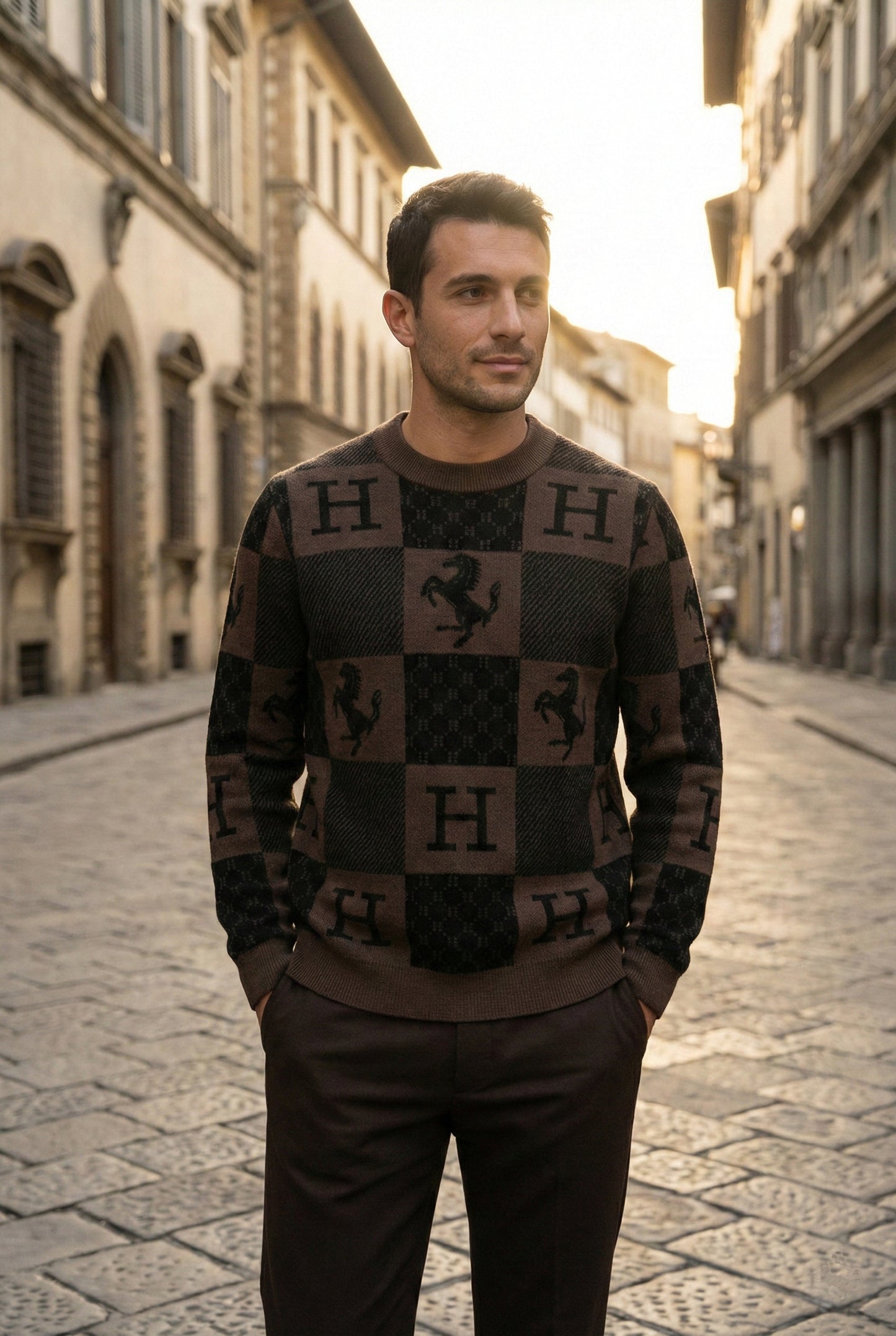 Checkered “H” & Horse Motif Wool Sweater