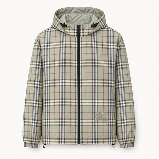 Reversible Check Technical Nylon Hooded Windbreaker Jacket
