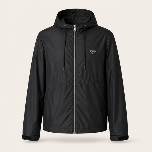 Hooded Nylon Windbreaker Jacket – Black