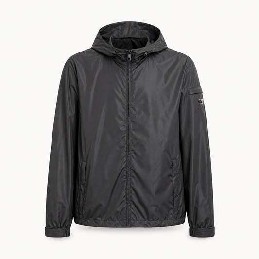 Hooded Technical Nylon Windbreaker Jacket – Black