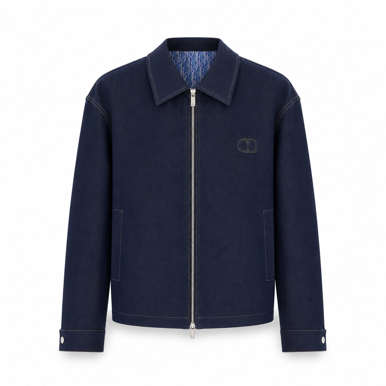 Cannage-Lined Collared Zip Jacket – Navy