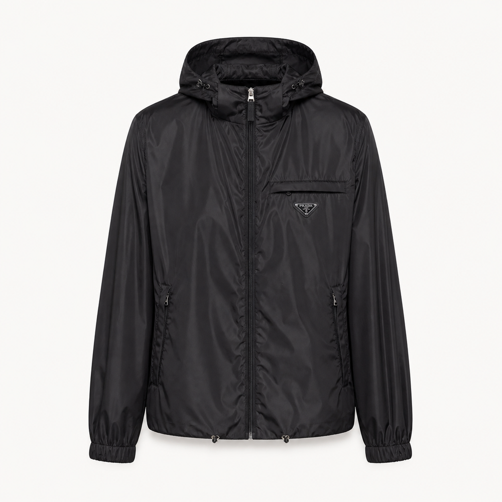 Hooded Technical Nylon Windbreaker Jacket – Black