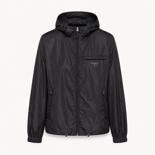 Hooded Technical Nylon Windbreaker Jacket – Black