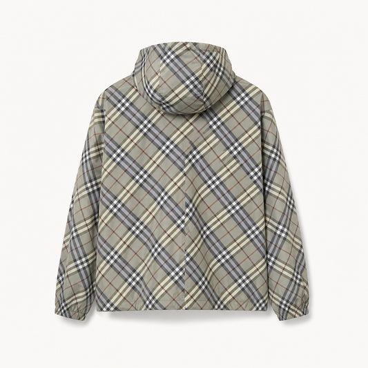 Reversible Check Technical Nylon Hooded Windbreaker Jacket