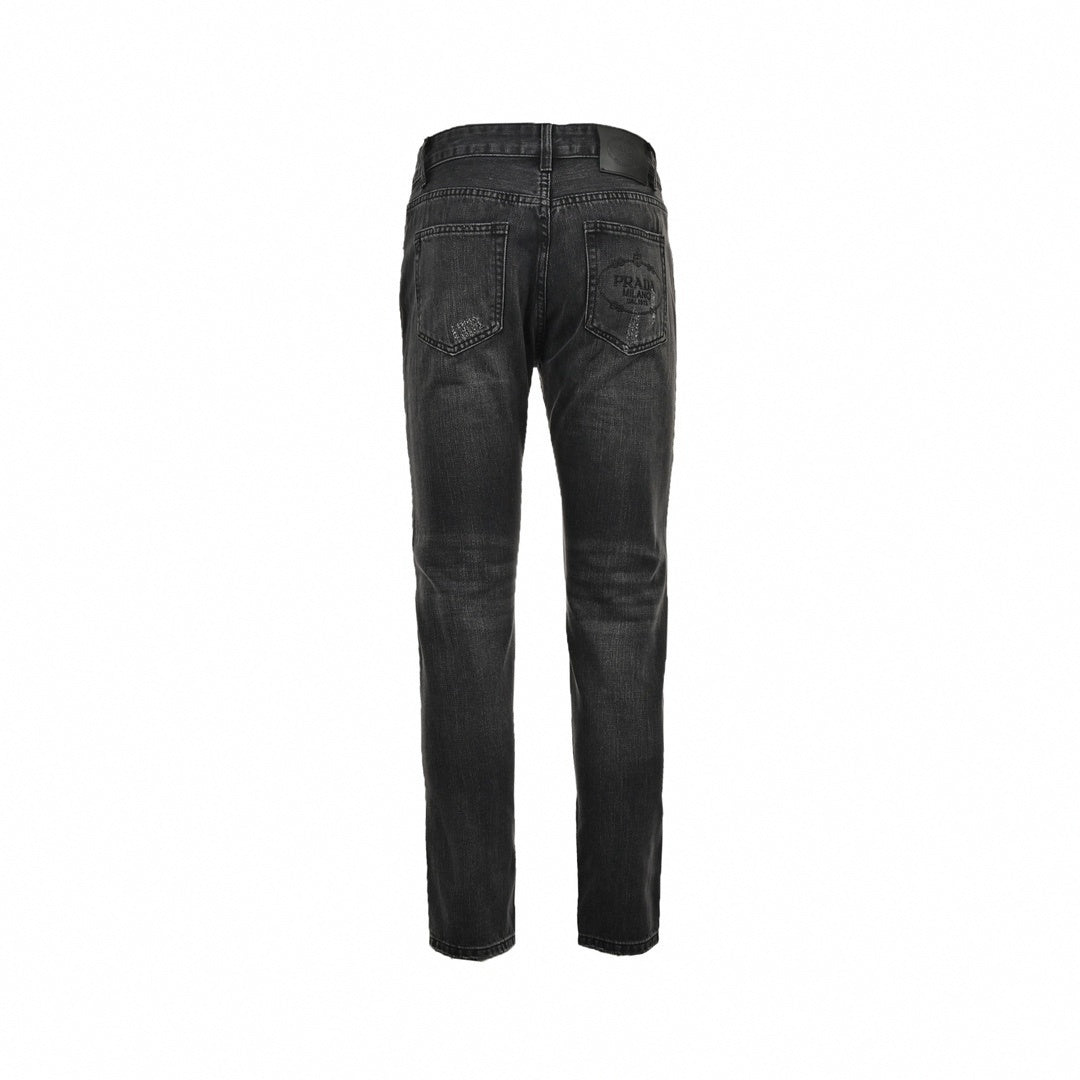 Distressed Black Denim Jeans with Embroidered Back Logo