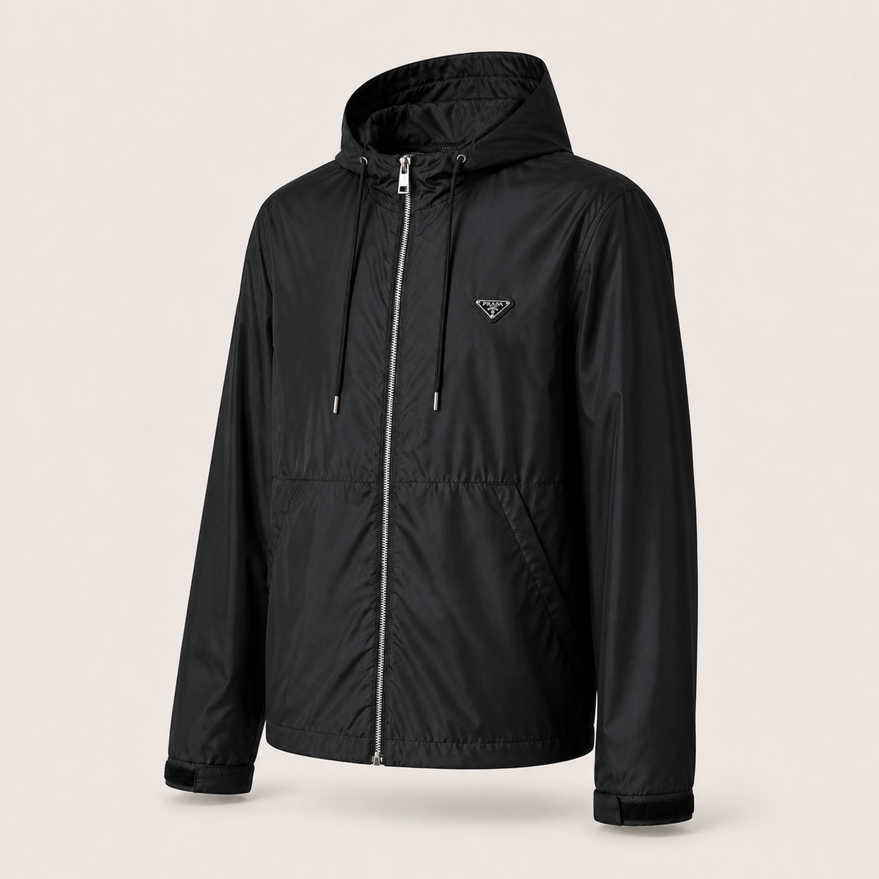 Hooded Nylon Windbreaker Jacket – Black