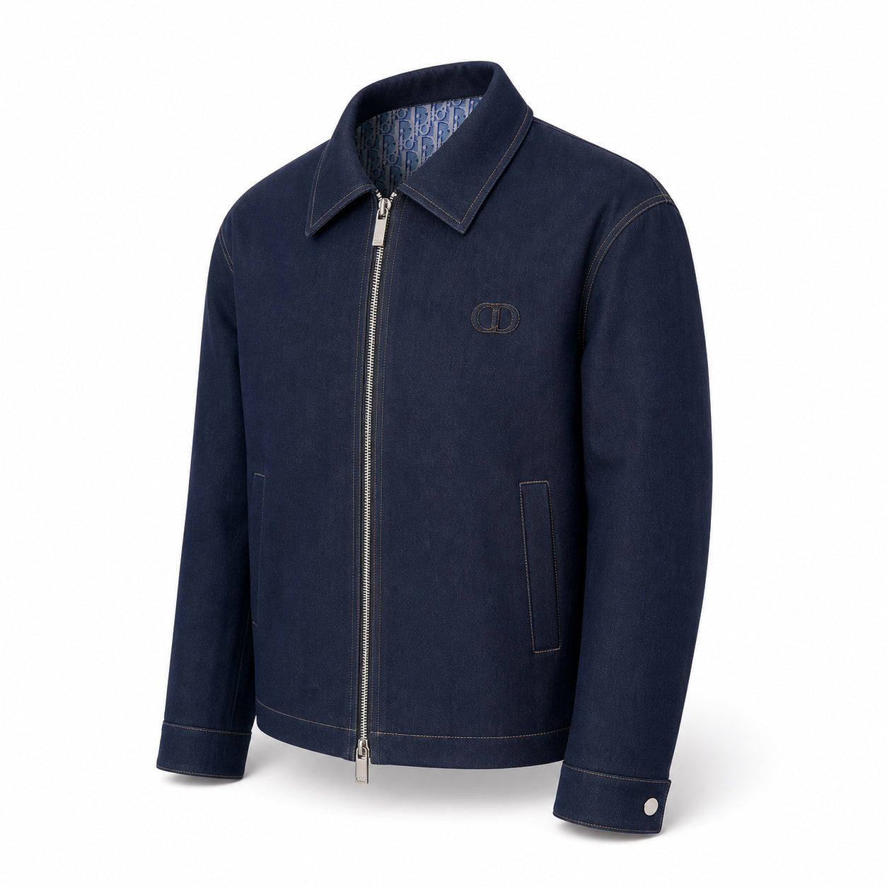 Cannage-Lined Collared Zip Jacket – Navy