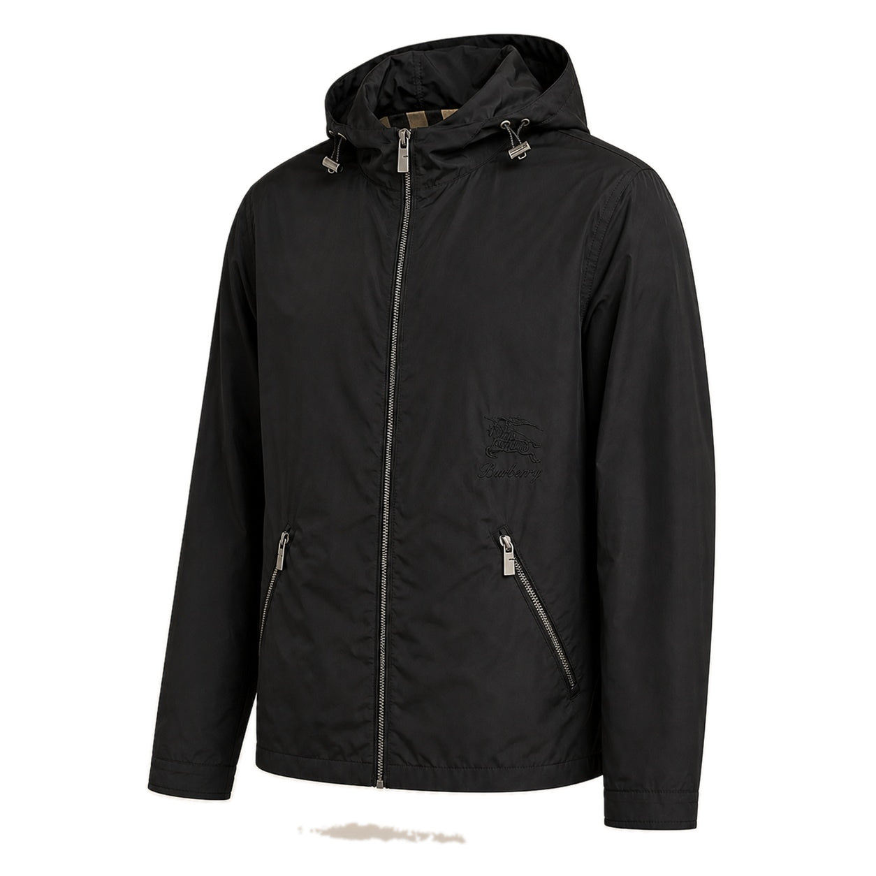 Check-Lined Hooded Windbreaker – Black