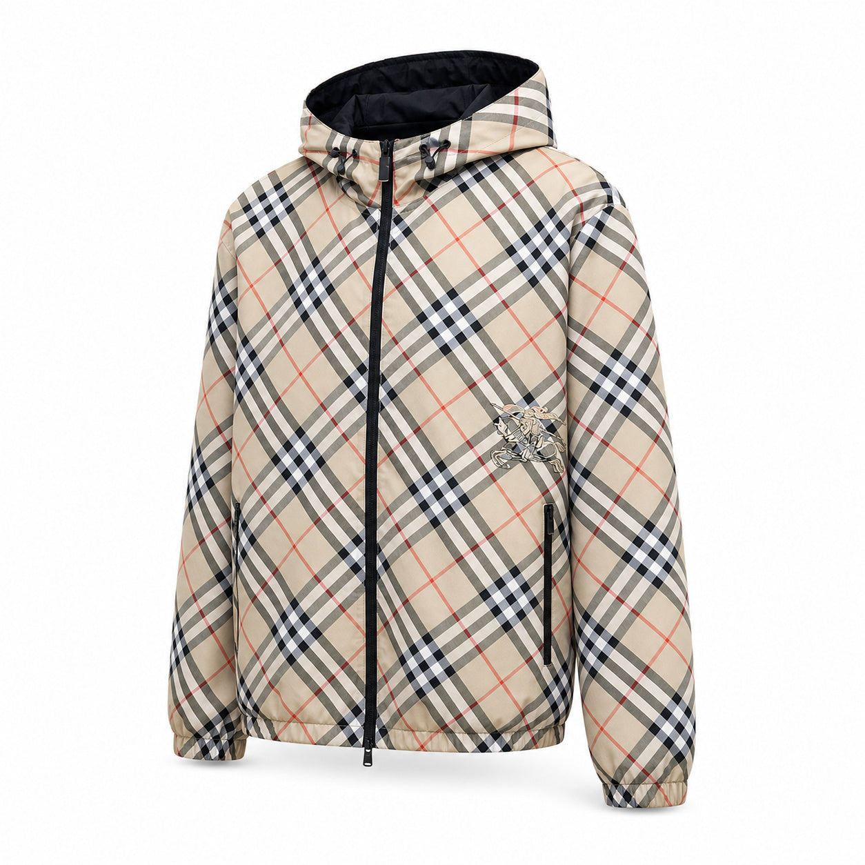 Reversible Check Hooded Windbreaker – Beige/Ivory