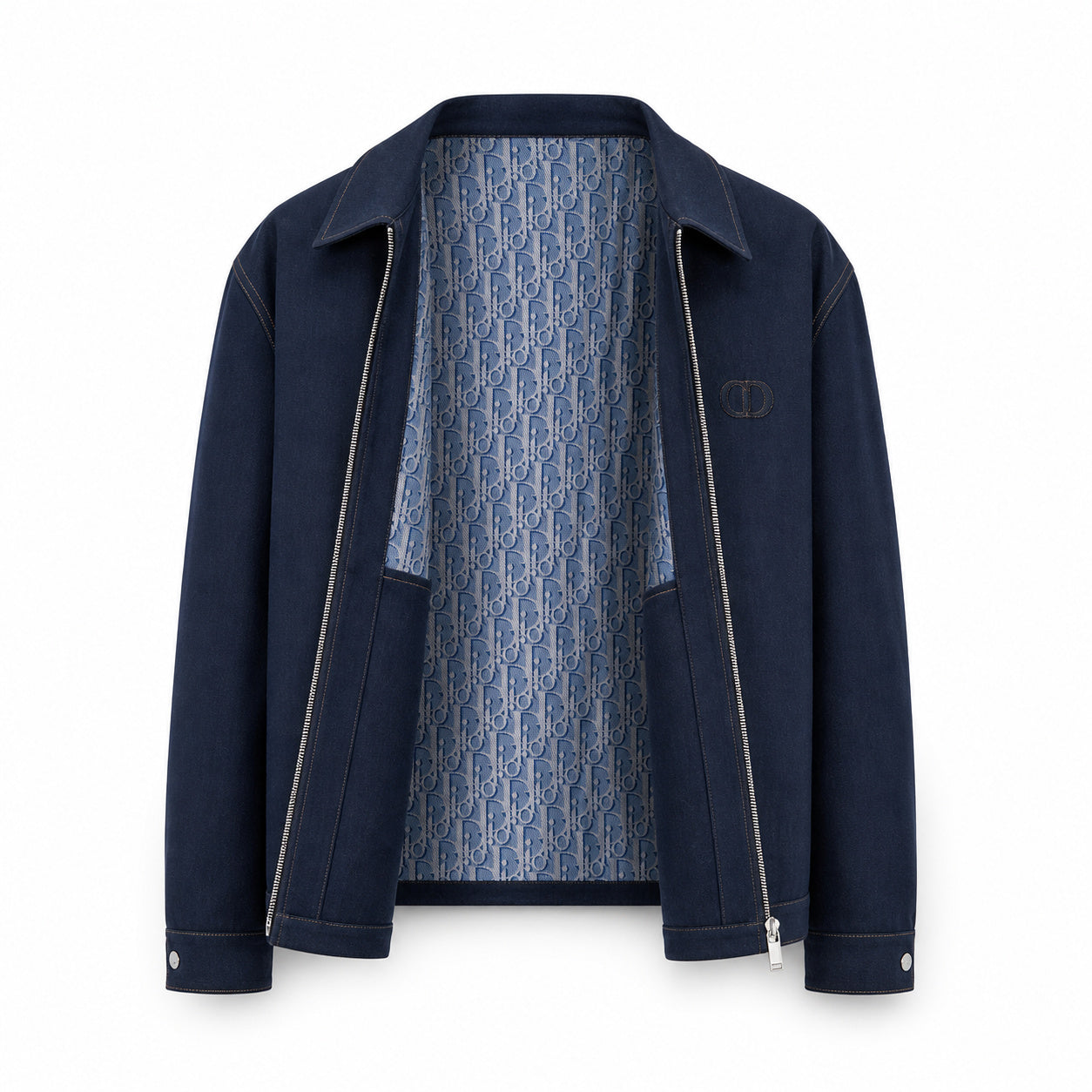 Cannage-Lined Collared Zip Jacket – Navy
