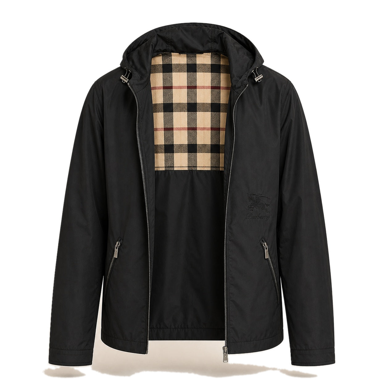 Check-Lined Hooded Windbreaker – Black