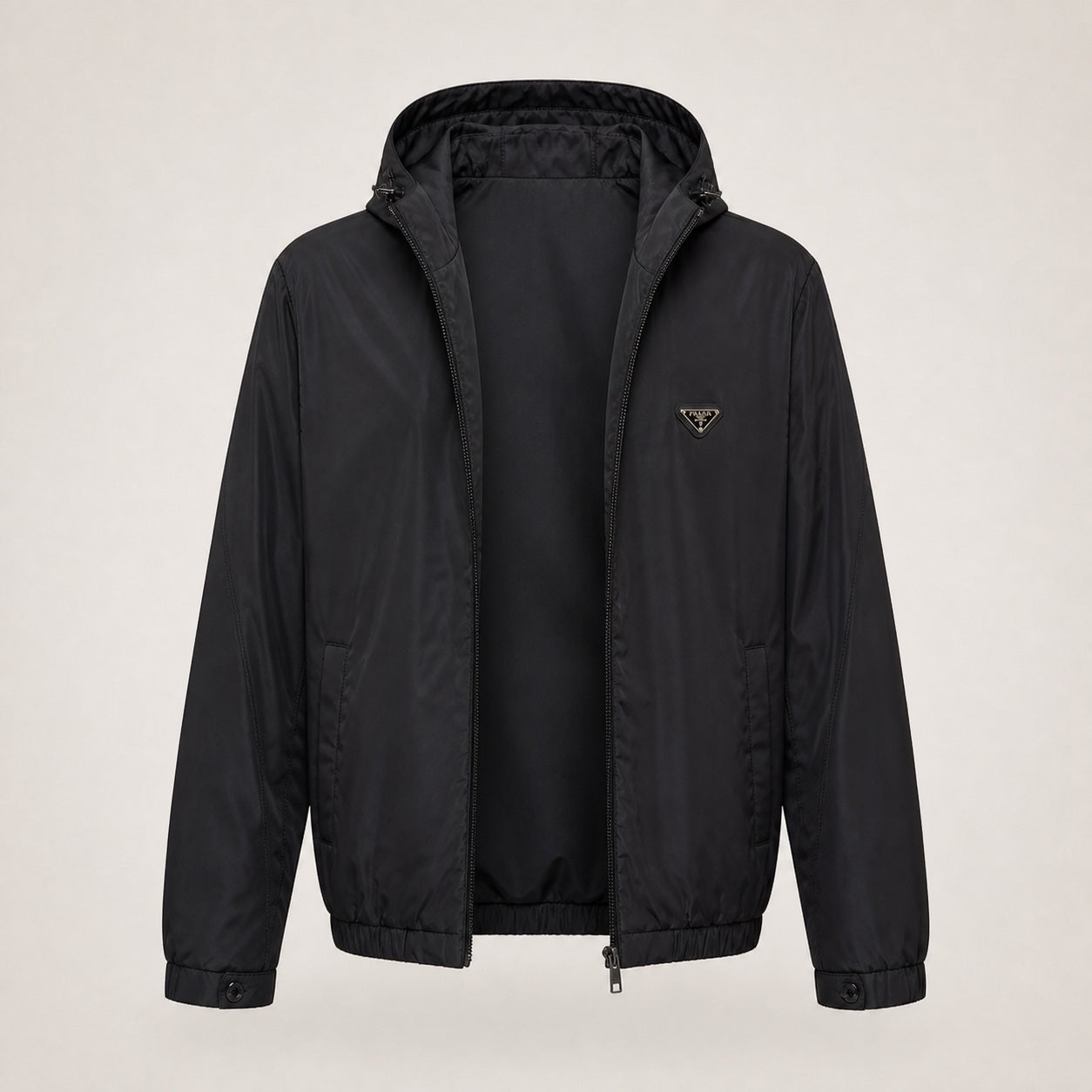 Triangle-Logo Hooded Nylon Jacket – Black