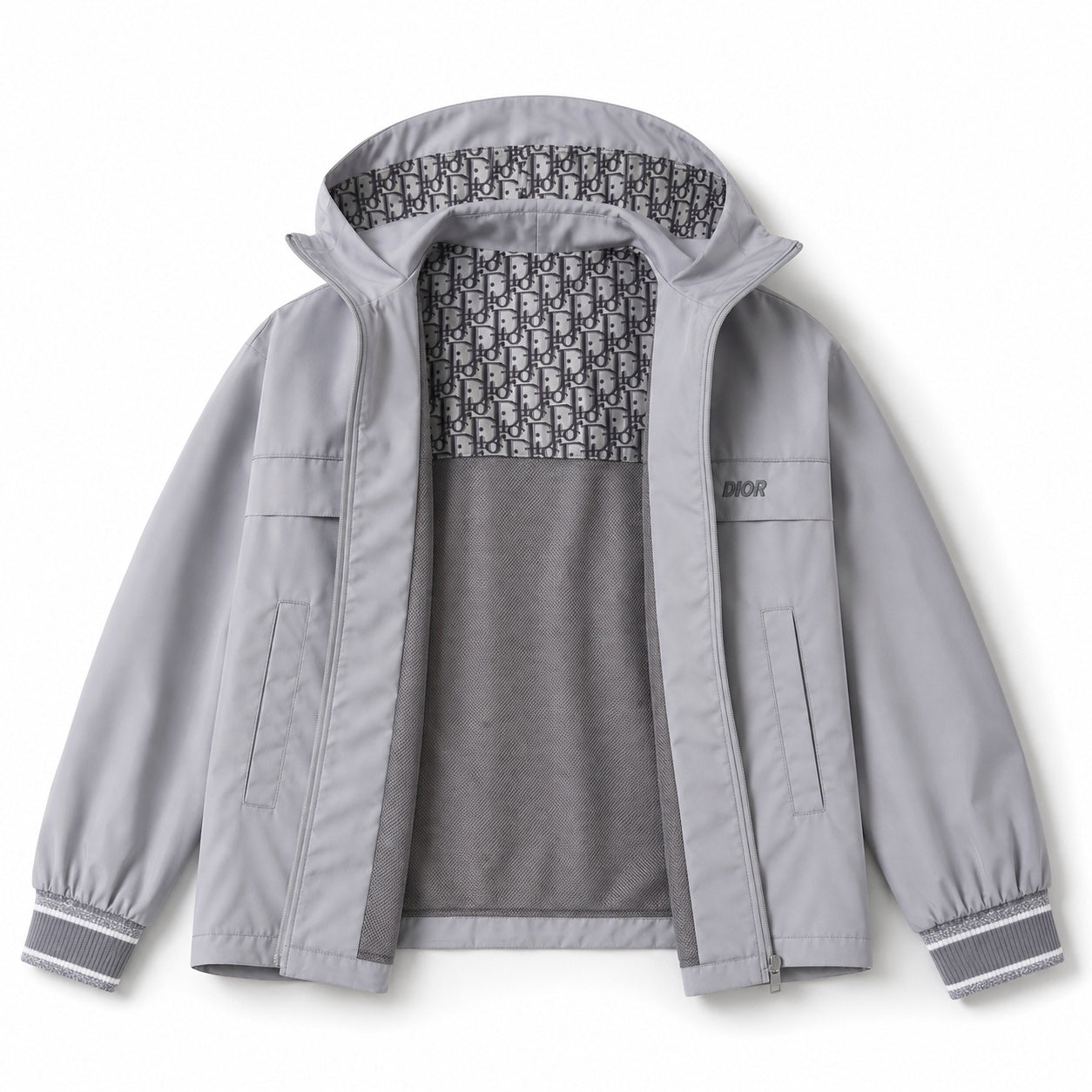 Cannage-Lined Hooded Windbreaker – Pearl Grey