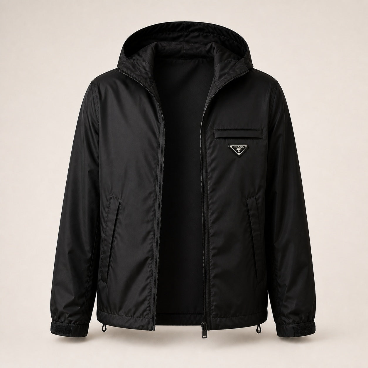 Flap-Pocket Hooded Windbreaker Jacket – Black