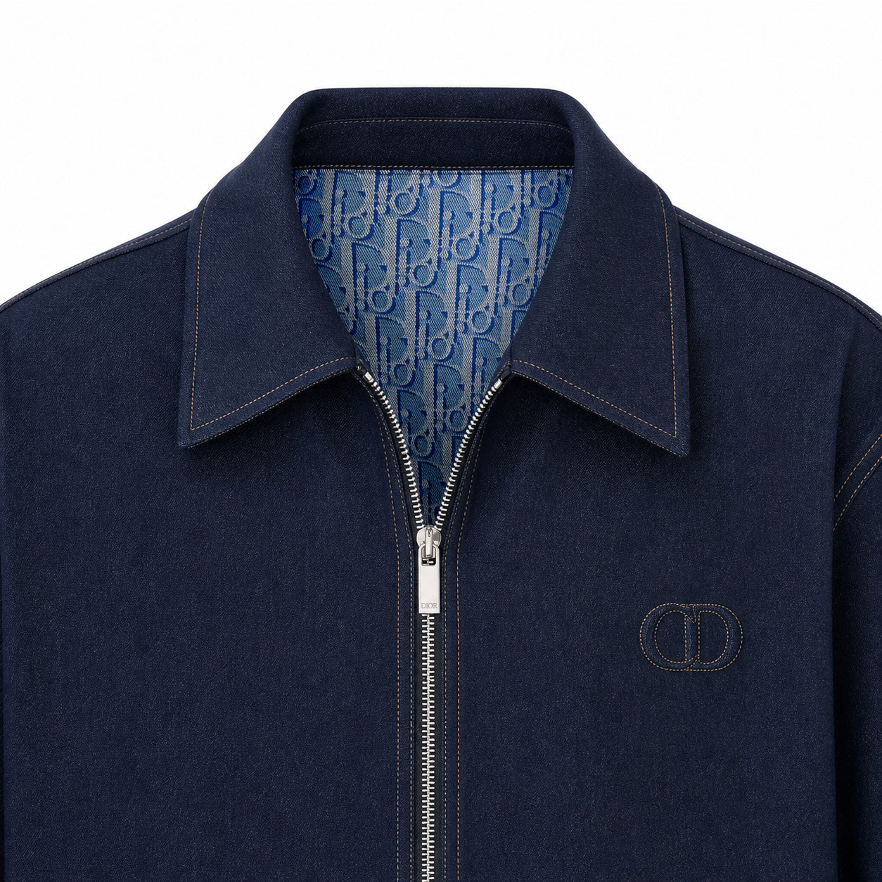 Cannage-Lined Collared Zip Jacket – Navy