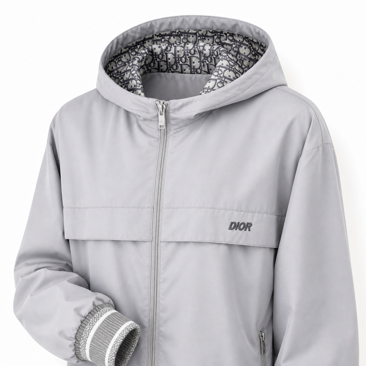 Cannage-Lined Hooded Windbreaker – Pearl Grey