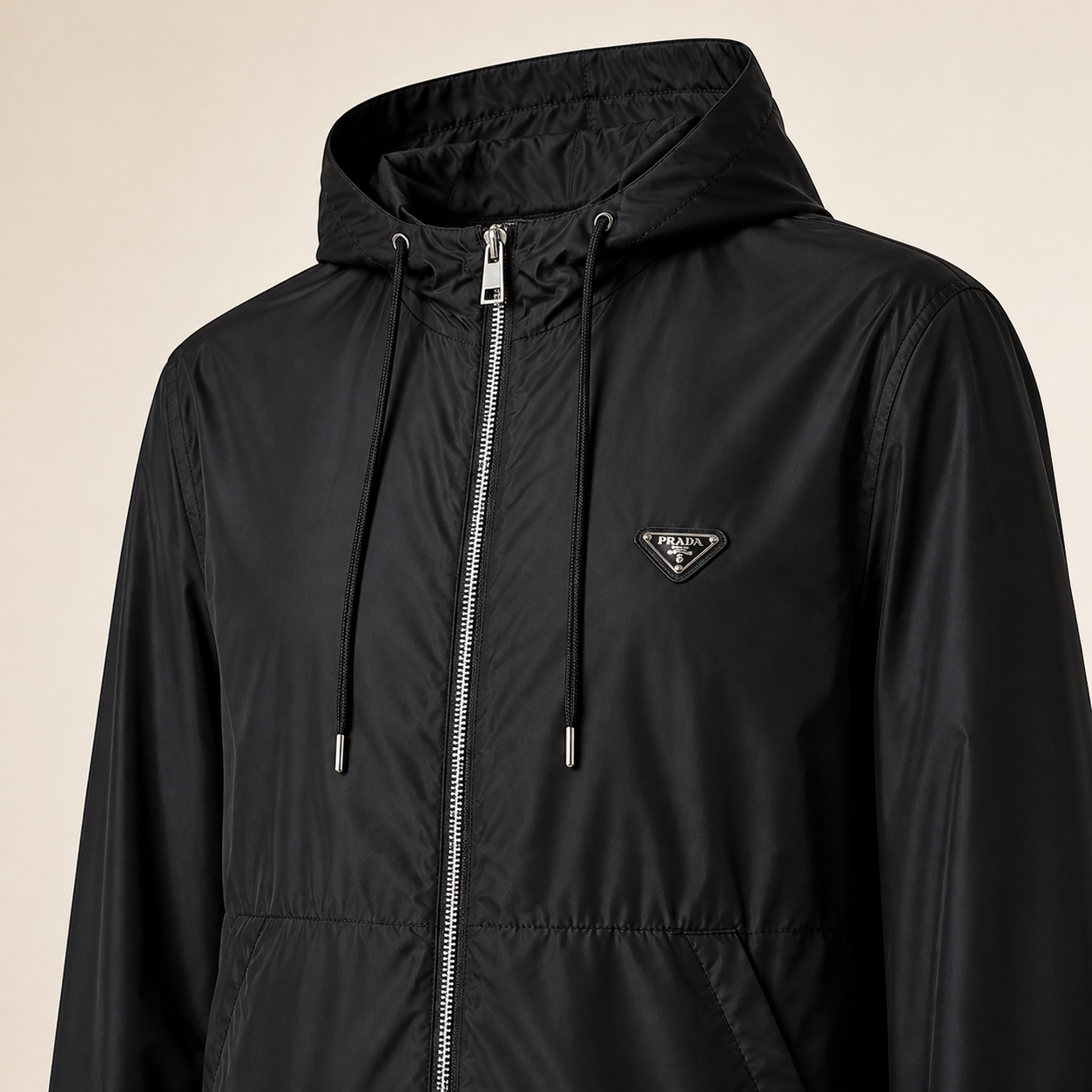 Hooded Nylon Windbreaker Jacket – Black