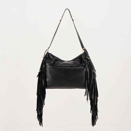 Black Leather Fringe Shoulder Bag