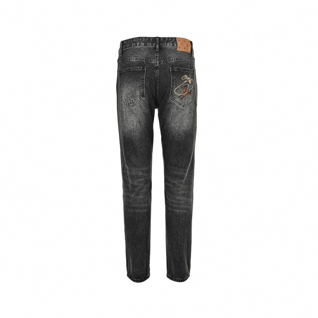 Black Washed Denim Jeans with Monogram & Cowboy Embroidery
