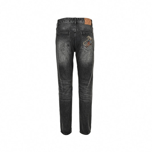 Black Washed Denim Jeans with Monogram & Cowboy Embroidery