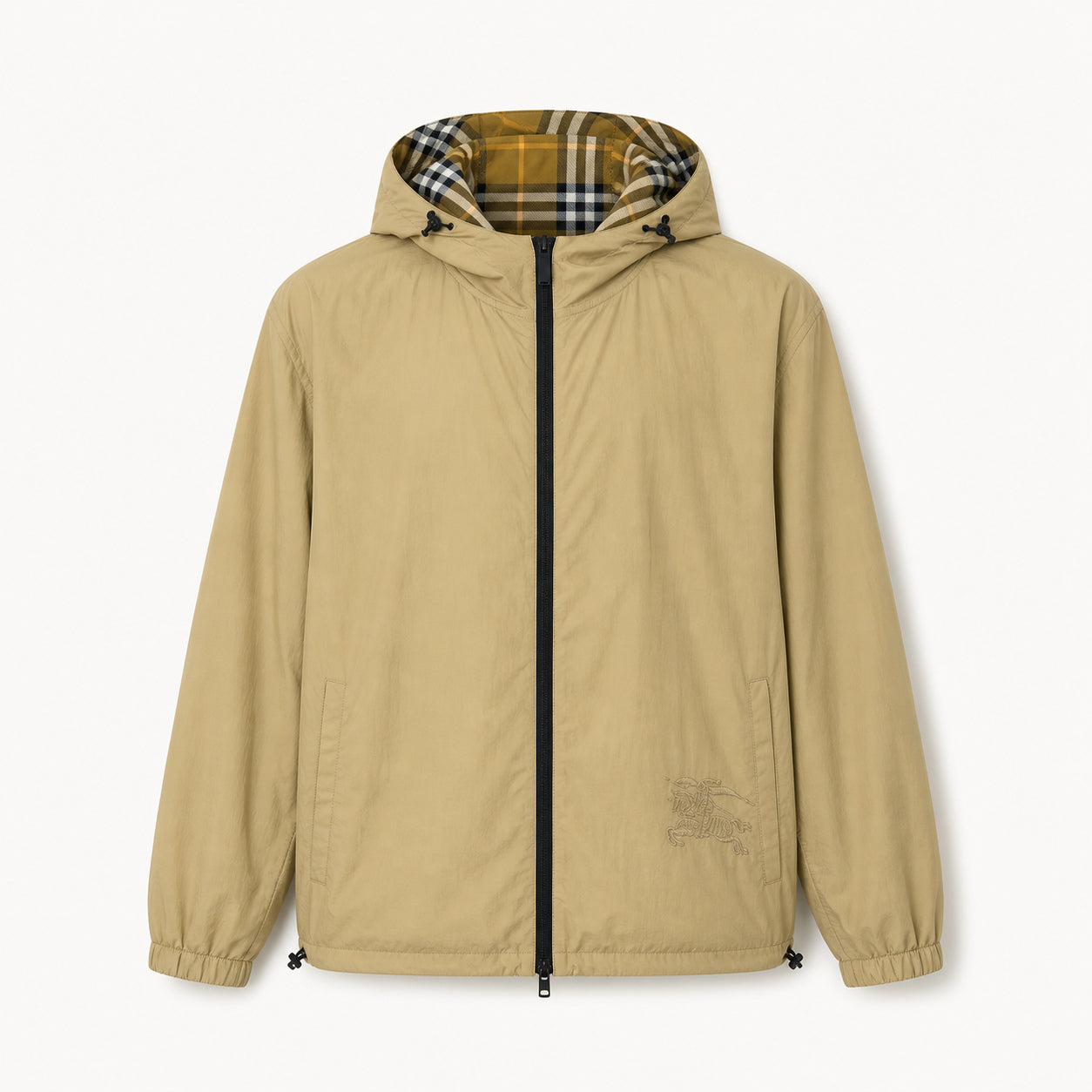 Reversible Check Technical Nylon Hooded Windbreaker Jacket