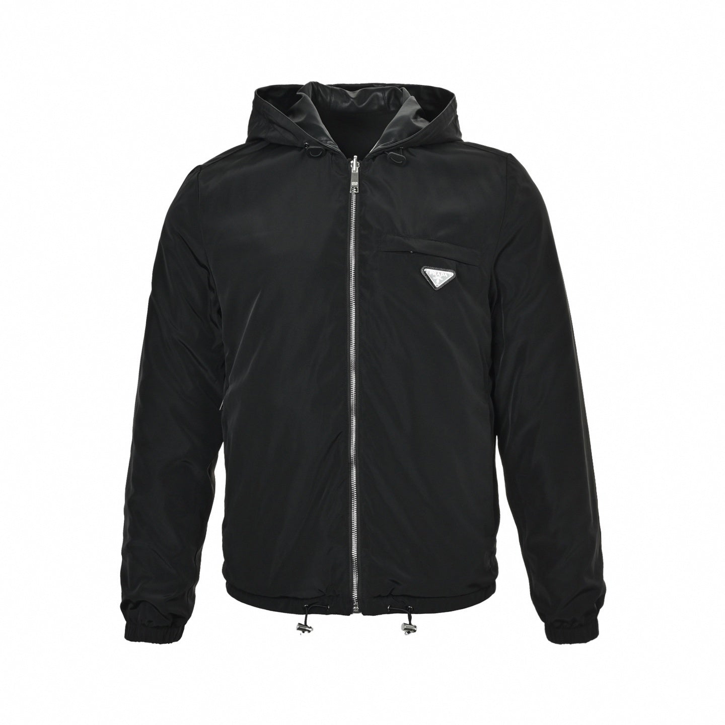 Reversible Hooded Jacket – Black Leather & Nylon Dual-Finish