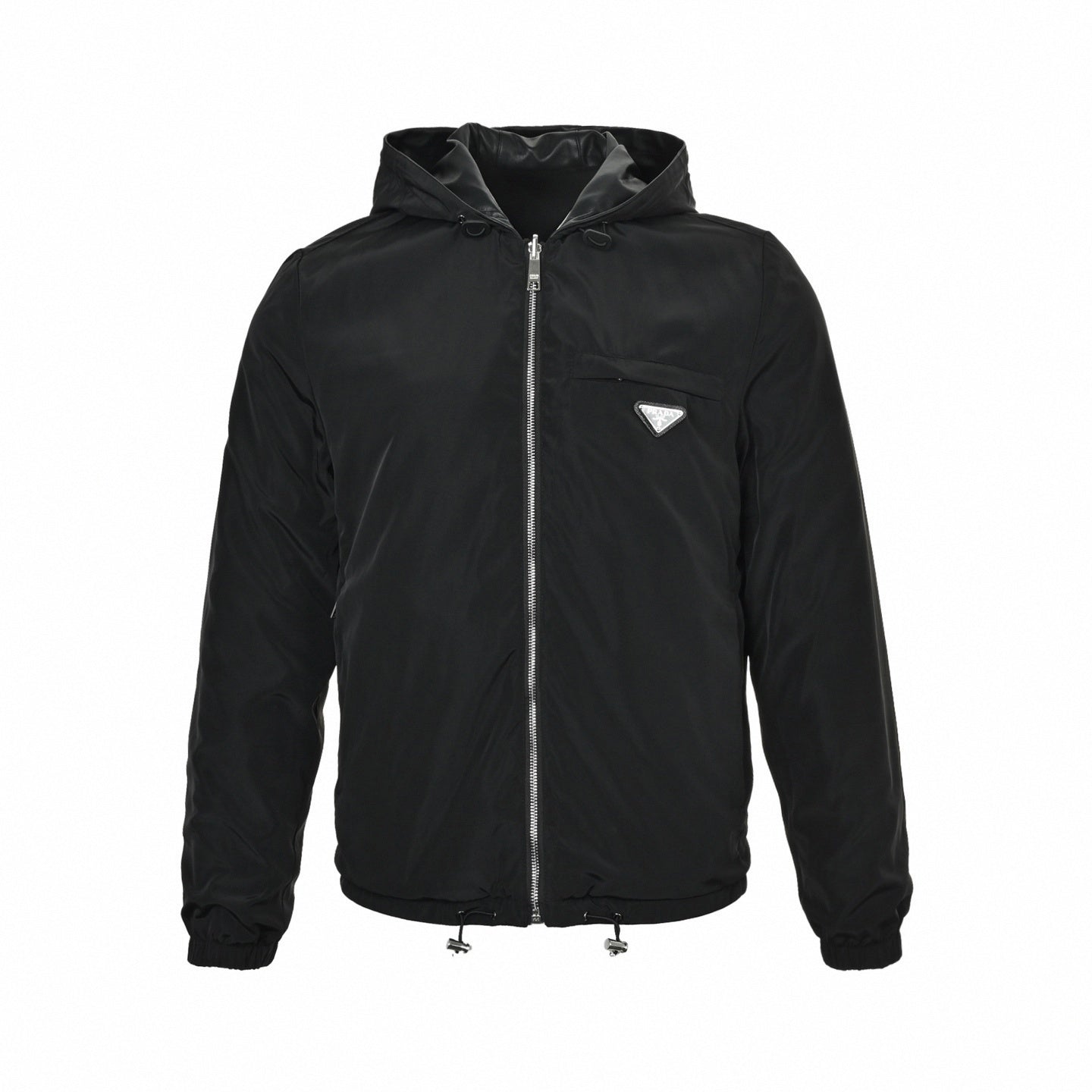 Reversible Hooded Jacket – Black Leather & Nylon Dual-Finish