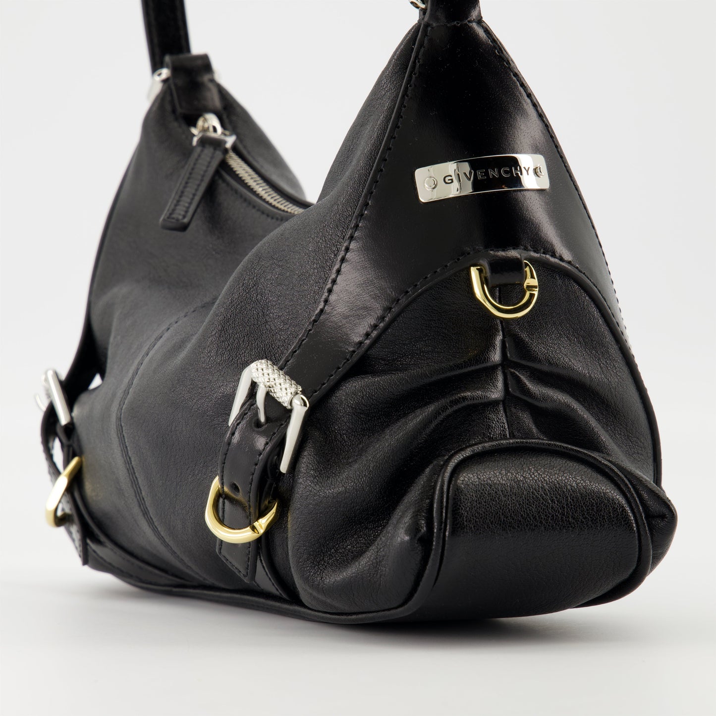 Black Leather Buckle Detail Mini Shoulder Bag