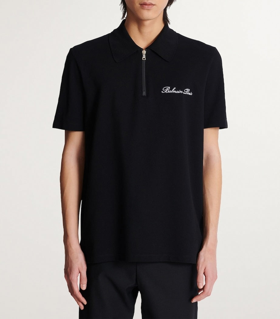 Zip-Neck Embroidered Polo Shirt