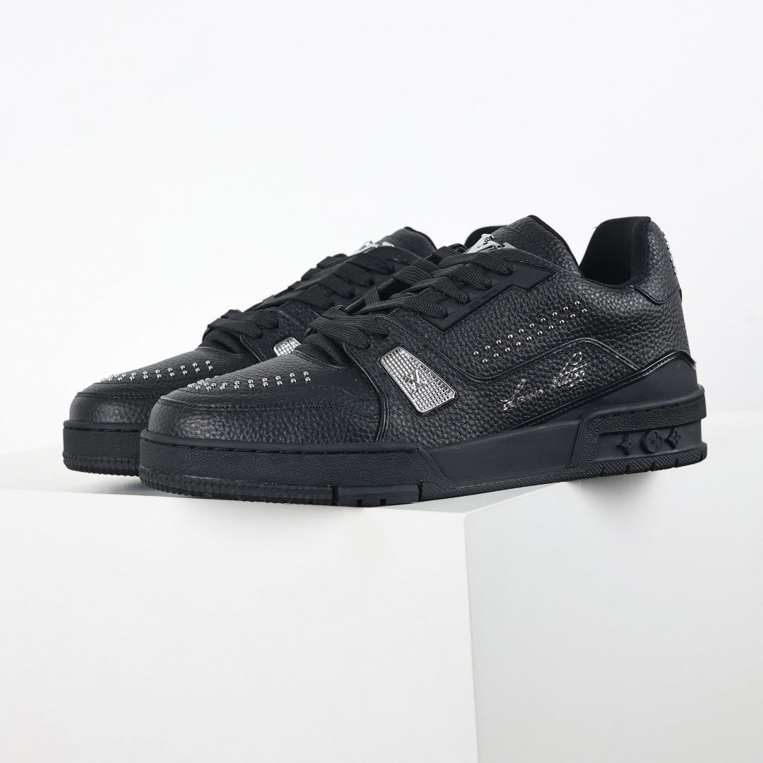 LV Black Leather Studded Low-Top Sneakers