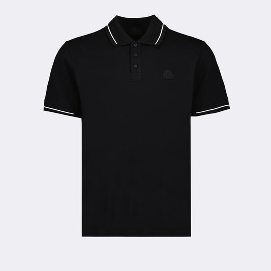 Moncler Black Polo Shirt with Tonal Logo and Contrast Trim
