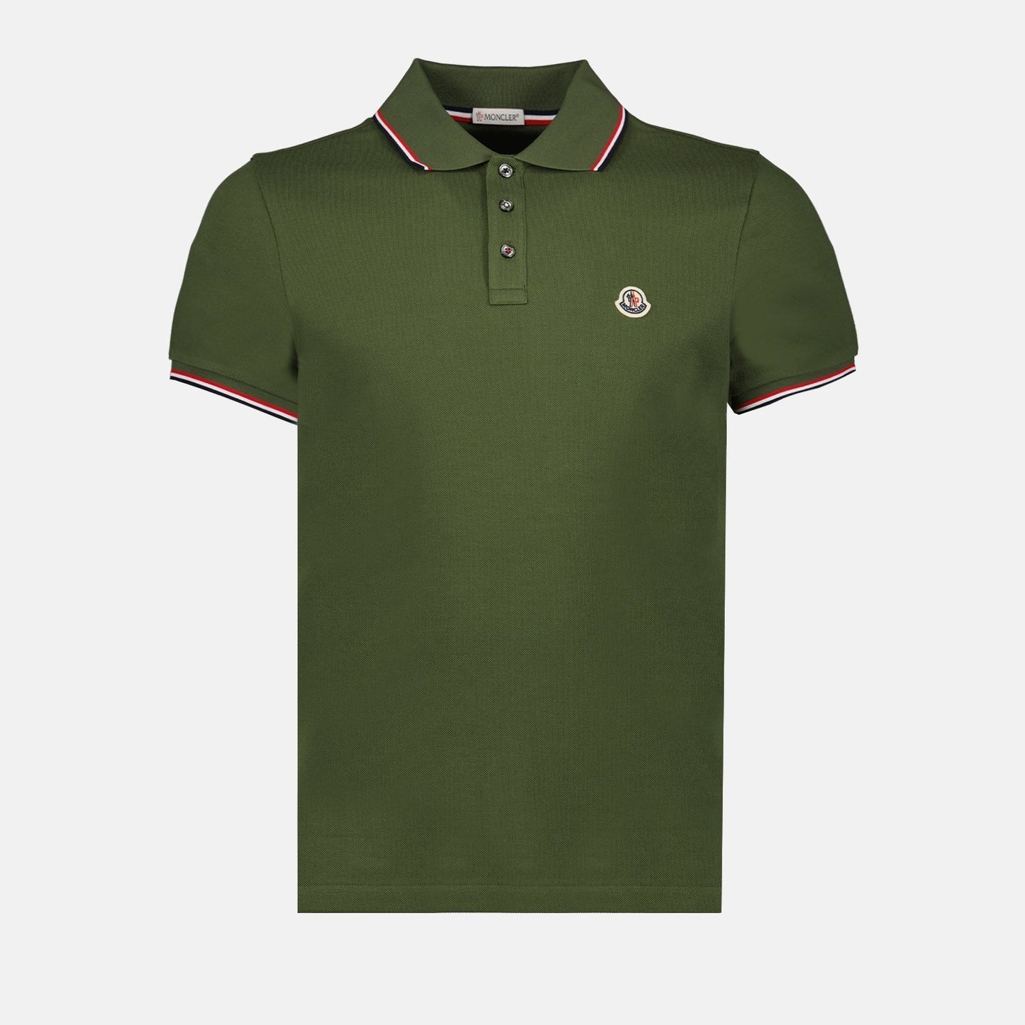 Moncler Olive Green Polo Shirt with Signature Tricolor Trim