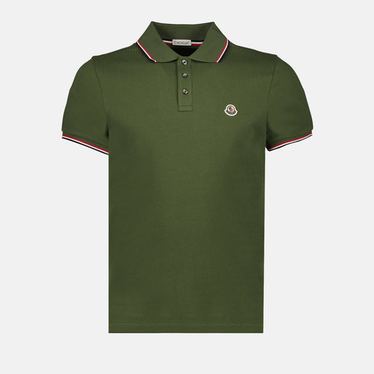 Moncler Olive Green Polo Shirt with Signature Tricolor Trim
