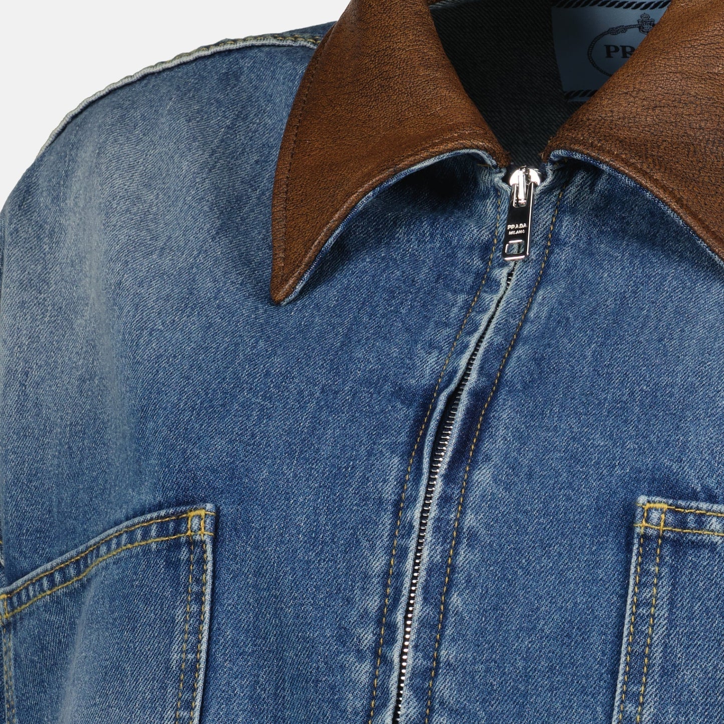 Cropped Denim Jacket with Leather Collar
