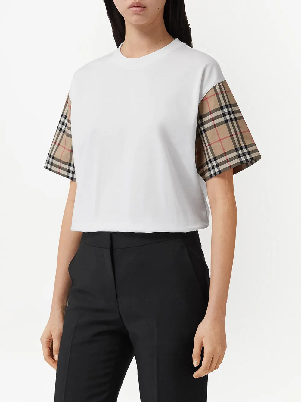 Check Sleeve Cotton T-Shirt