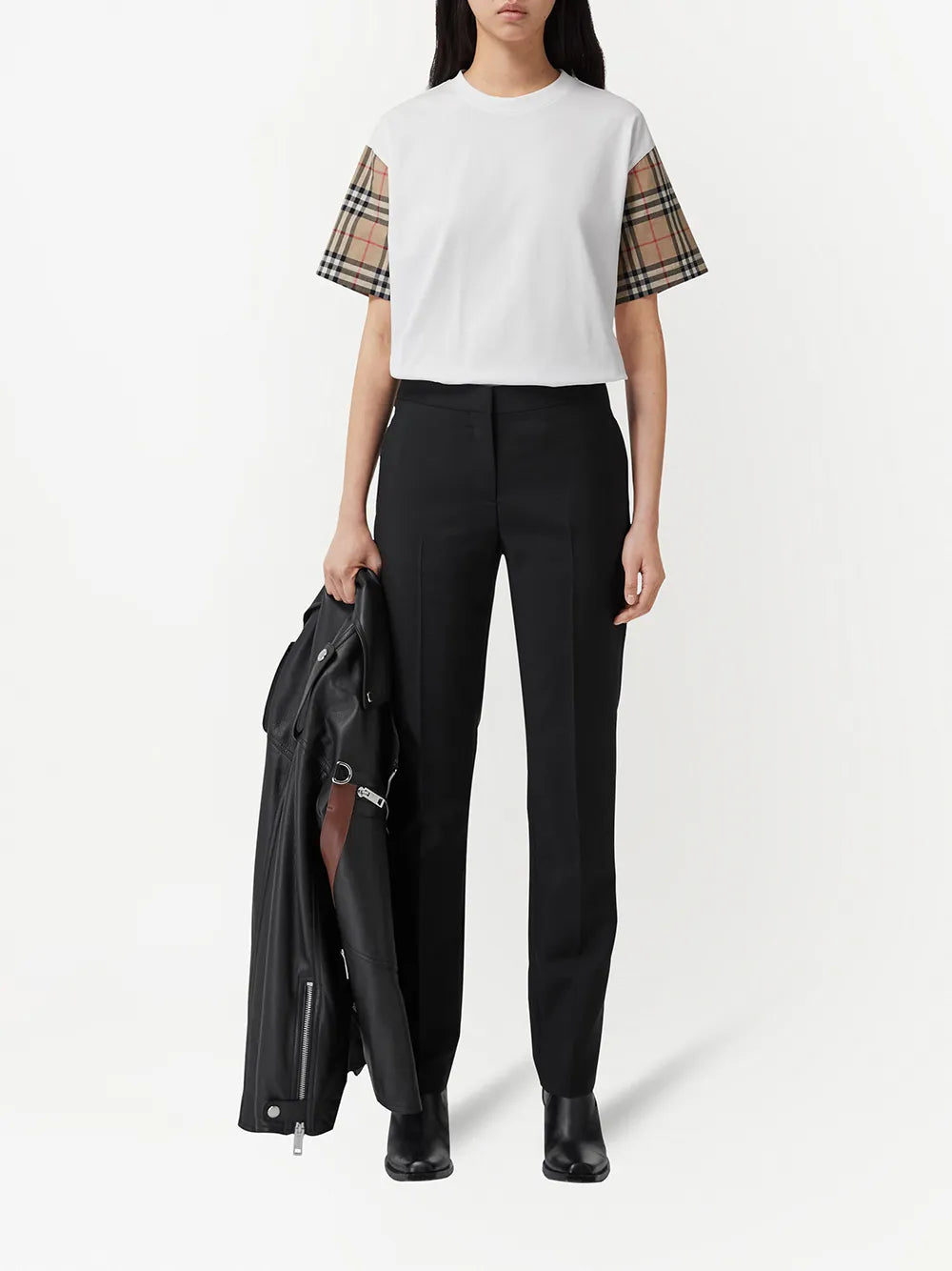 Check Sleeve Cotton T-Shirt