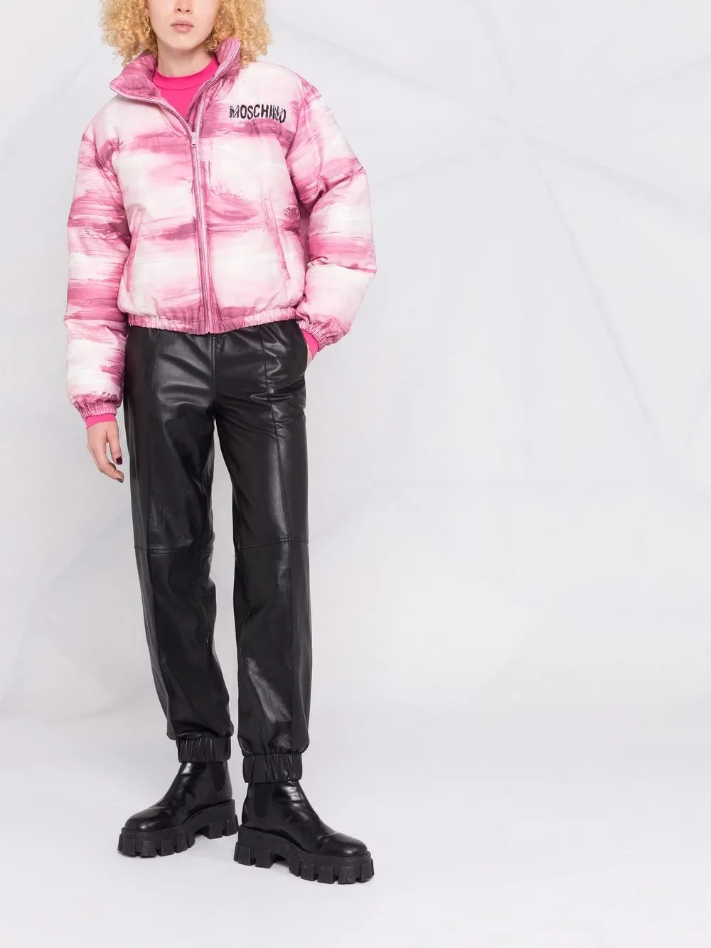 Pink Painterly Print Puffer Jacket