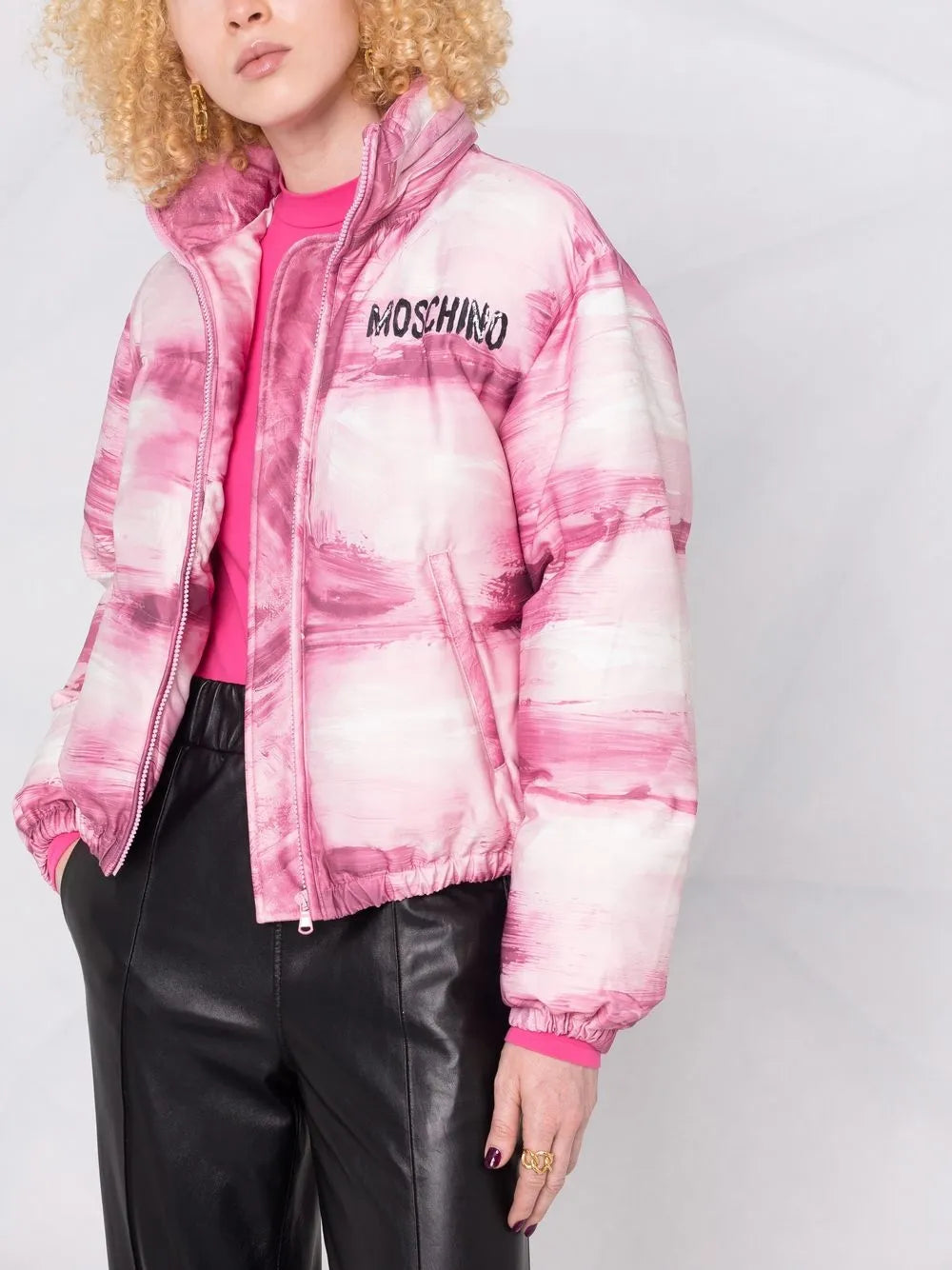 Pink Painterly Print Puffer Jacket